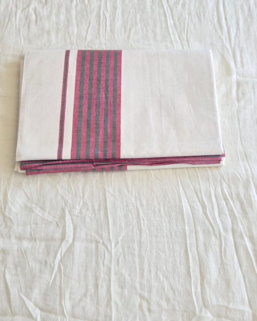  ivory Kerala handloom saree unfolded, amaranth and forest green stripe border, Canada — Atelier Soza