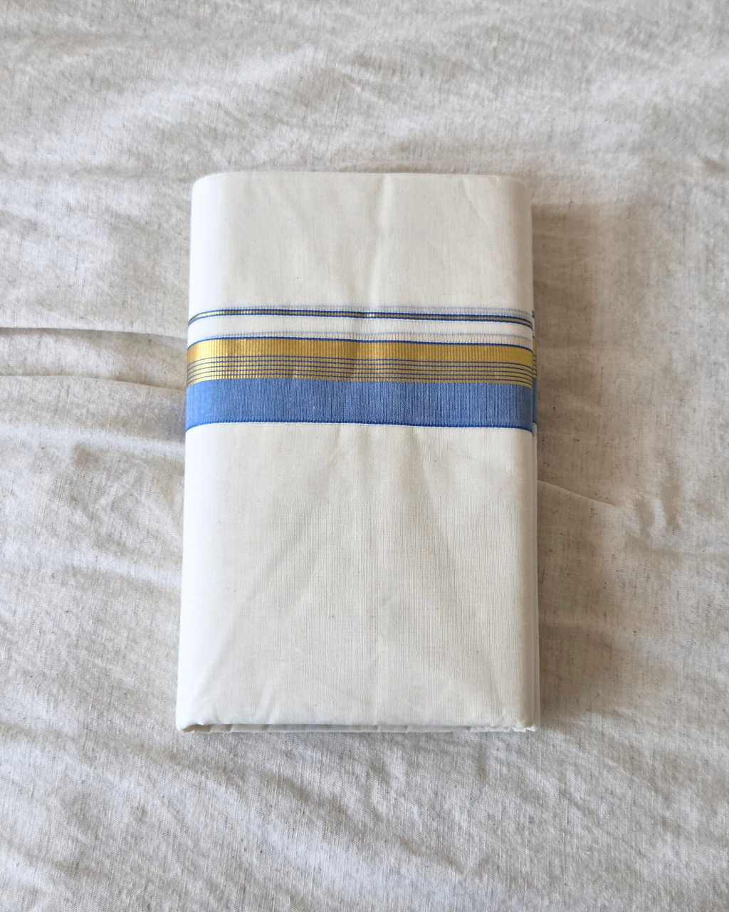 Periwinkle Kasavu Kaithari Double Mundu — Handwoven Kerala