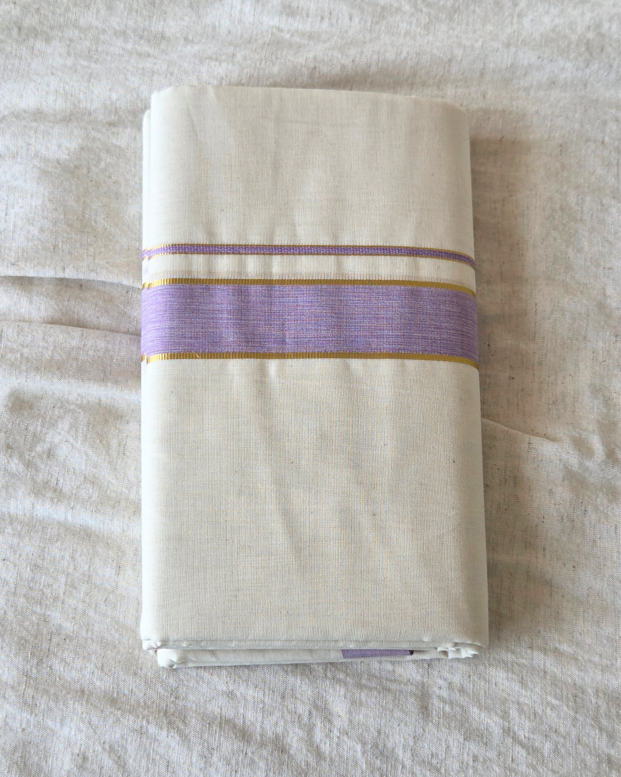 Lavender Kasavu Kaithari Double Mundu — Handwoven Kerala