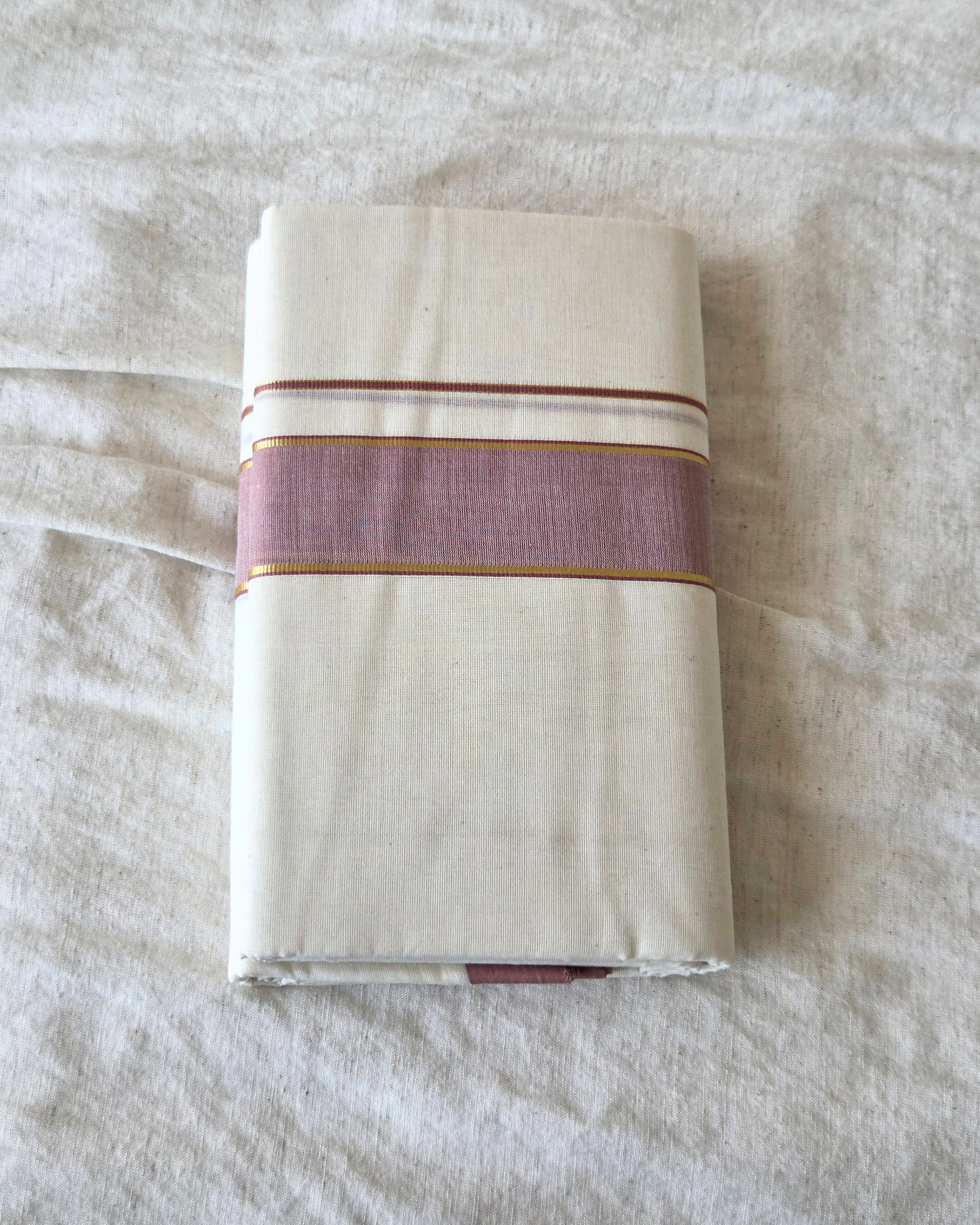 Old Rose Kasavu Kaithari Double Mundu — Handwoven Kerala