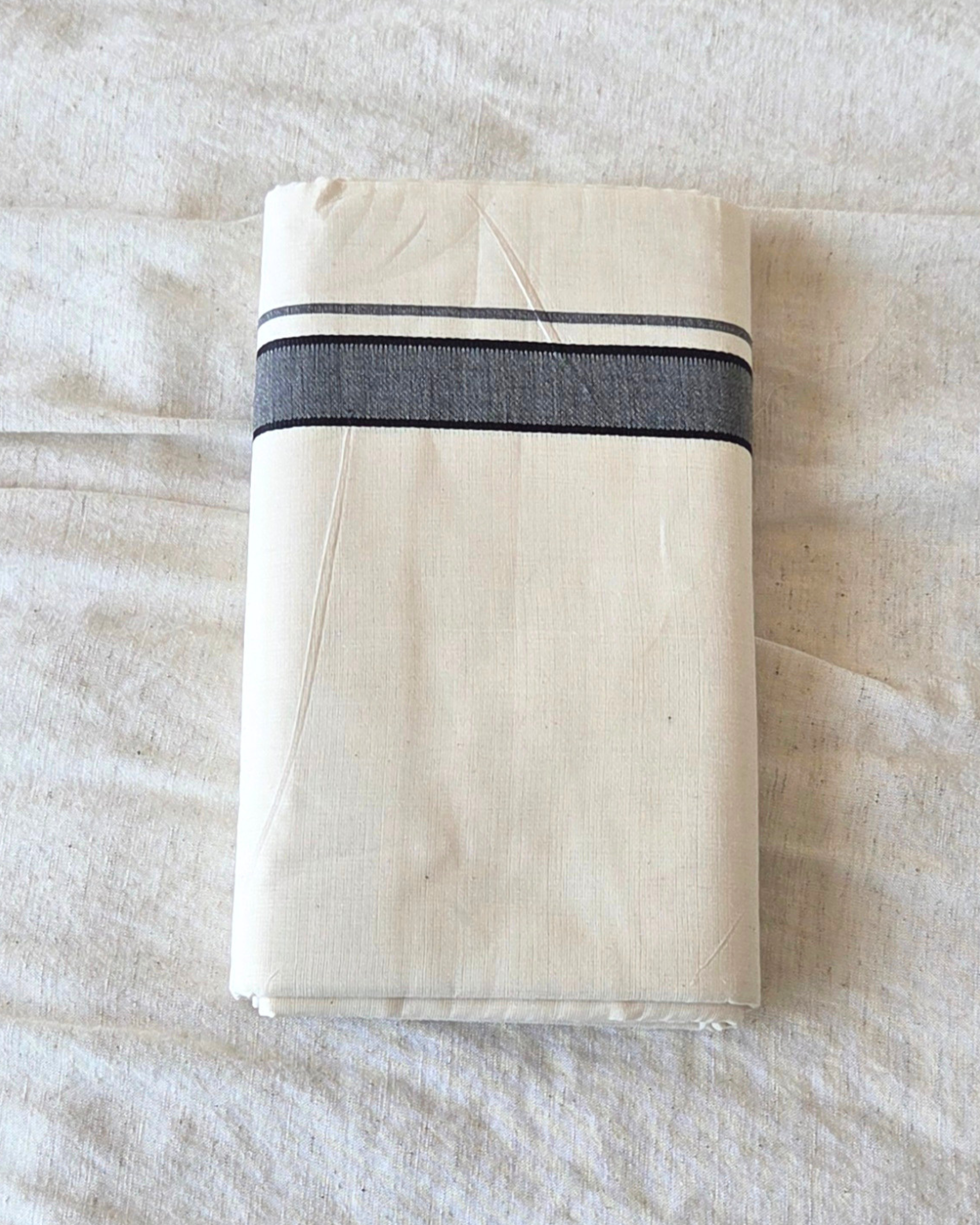 Slate Grey Kaithari Double Mundu — Handwoven Kerala