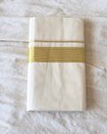 Broad kasavu double mundu angled fold — dense gold zari border, Balaramapuram handloom cotton Canada — Atelier Soza