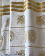 Kerala kasavu saree folded — peacock butta gold check body border — Atelier Soza Canada