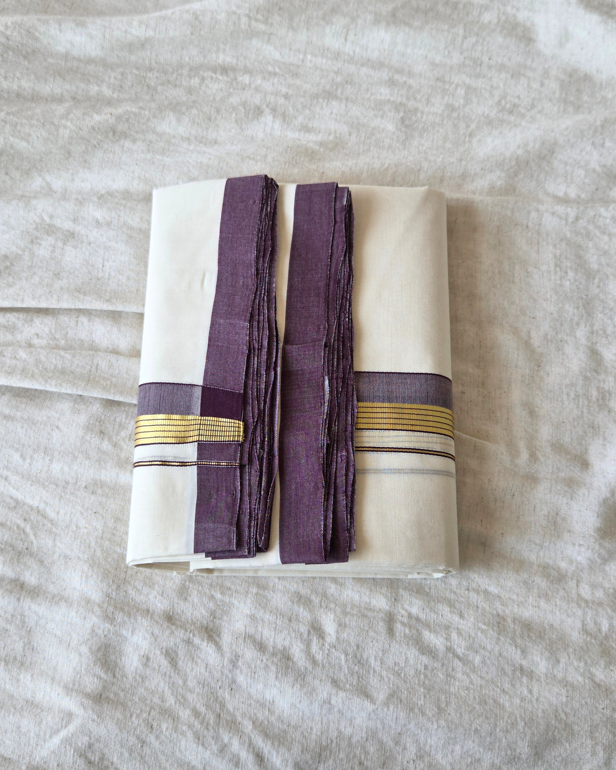 Mauve kasavu double mundu folded — border corner detail, Balaramapuram handloom Kerala Canada — Atelier Soza
