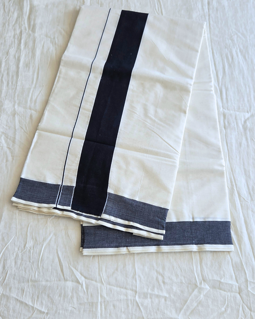 Kerala handloom saree with blouse piece — jet black border ivory cotton Canada