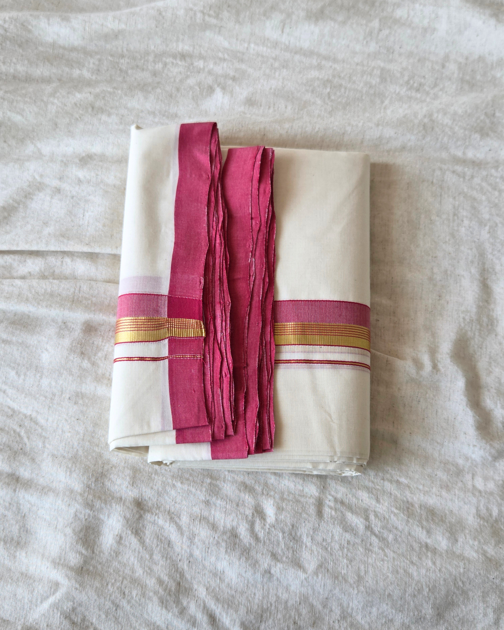 Rose Kasavu Kaithari Double Mundu — Handwoven Kerala