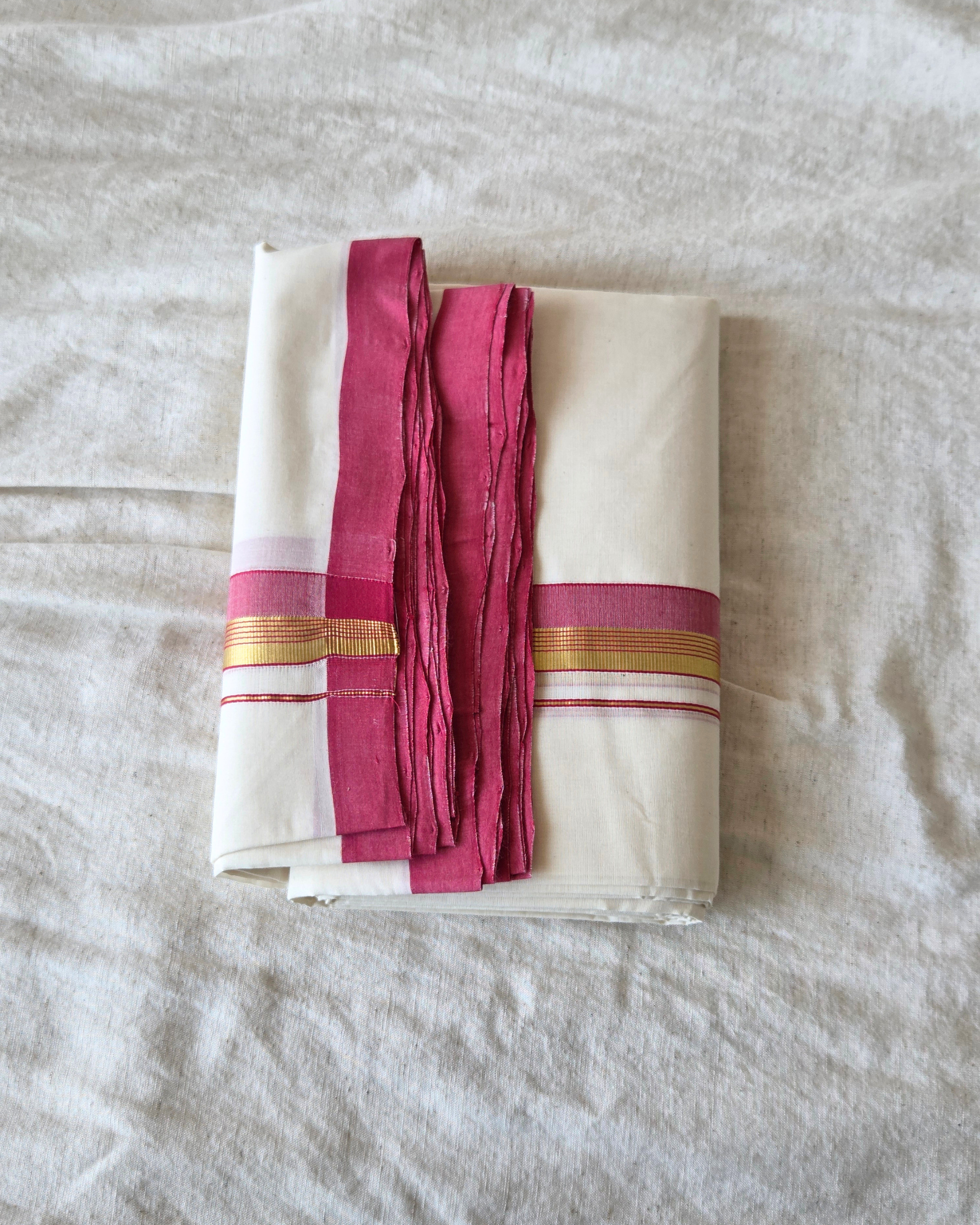 Rose Kasavu Kaithari Double Mundu — Handwoven Kerala