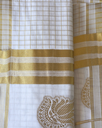  Kerala saree with blouse piece — gold kasavu check peacock motif Canada