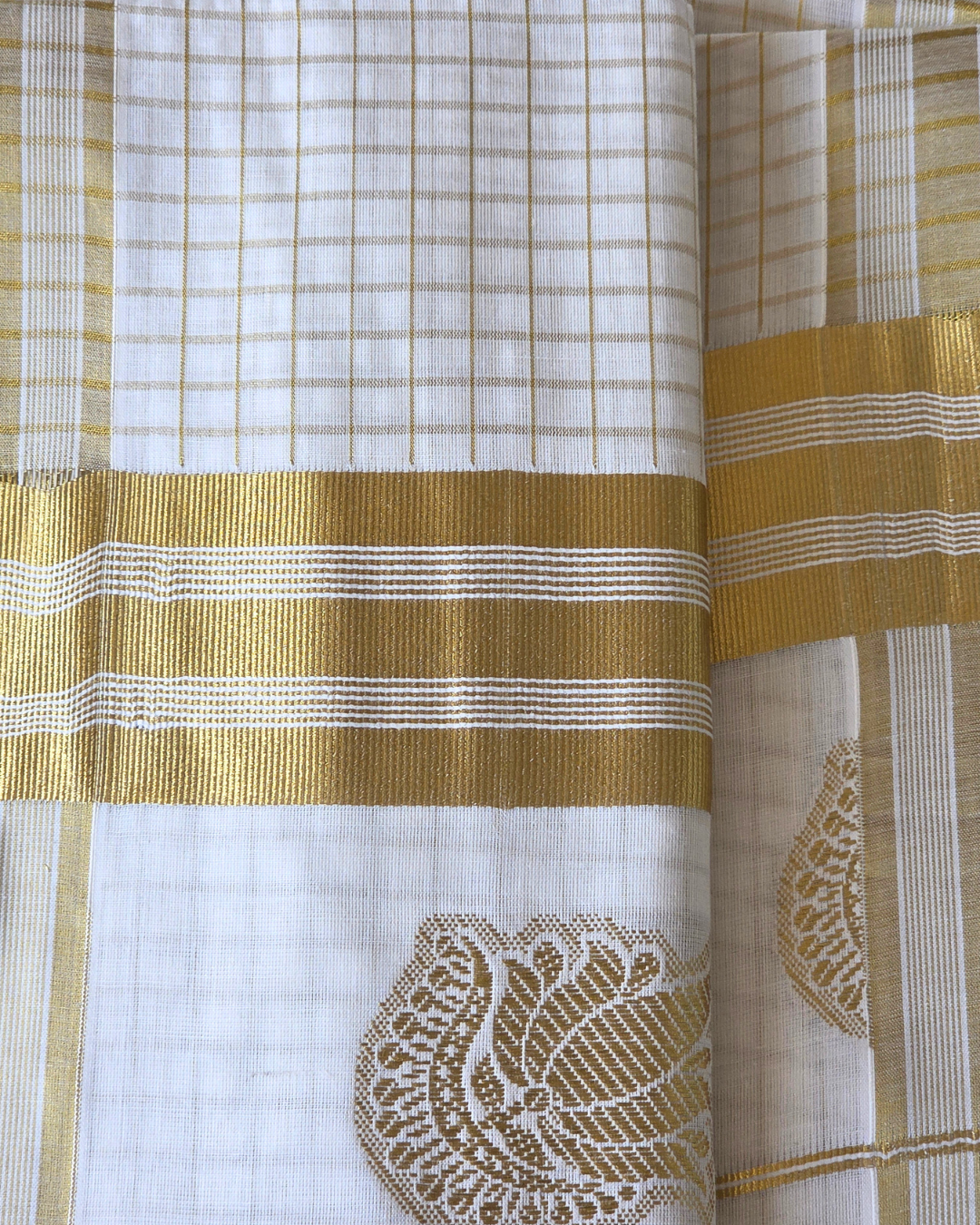  Kerala saree with blouse piece — gold kasavu check peacock motif Canada