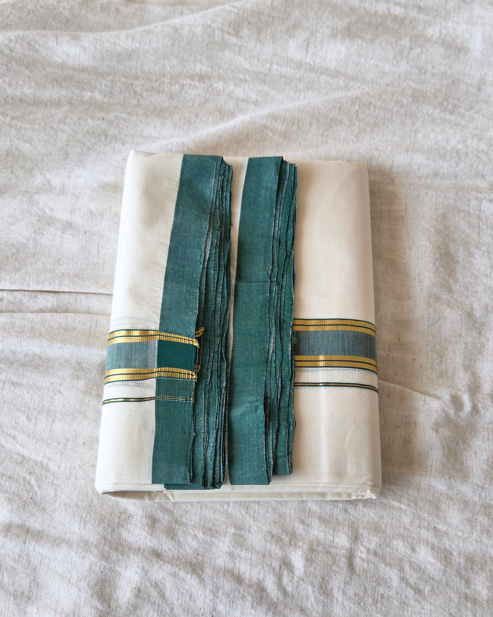 Emerald Kasavu Kaithari Double Mundu — Handwoven Kerala
