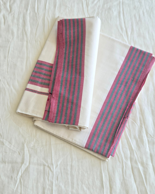 Balaramapuram handloom saree with blouse piece — amaranth green stripe border, ivory cotton Canada — Atelier Soza