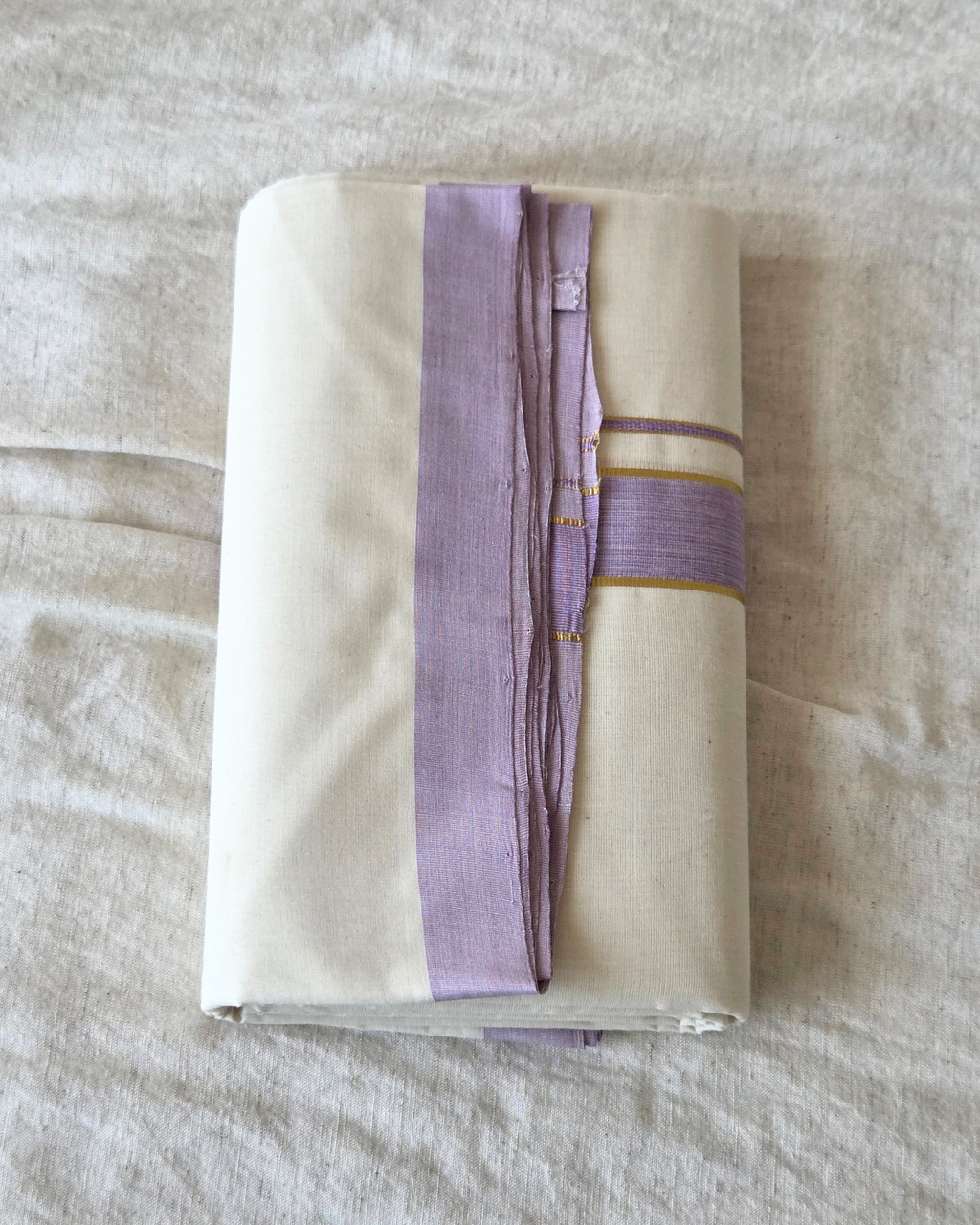 Lavender Kasavu Kaithari Double Mundu — Handwoven Kerala