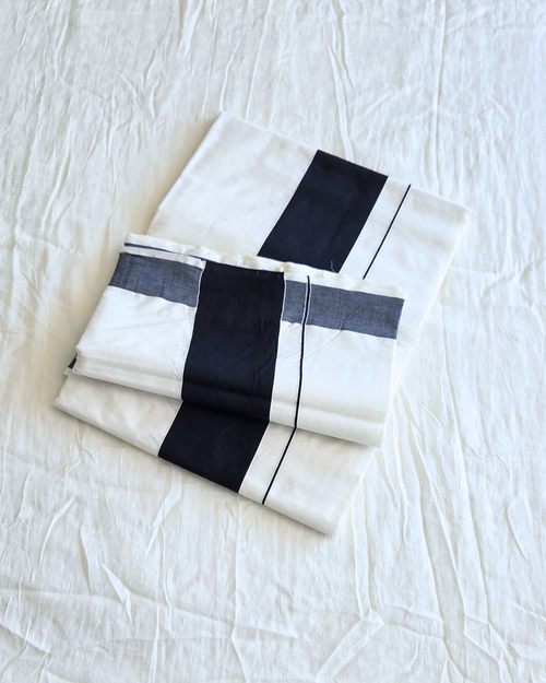 Kerala handloom saree blouse piece — wide jet black border ivory cotton Canada