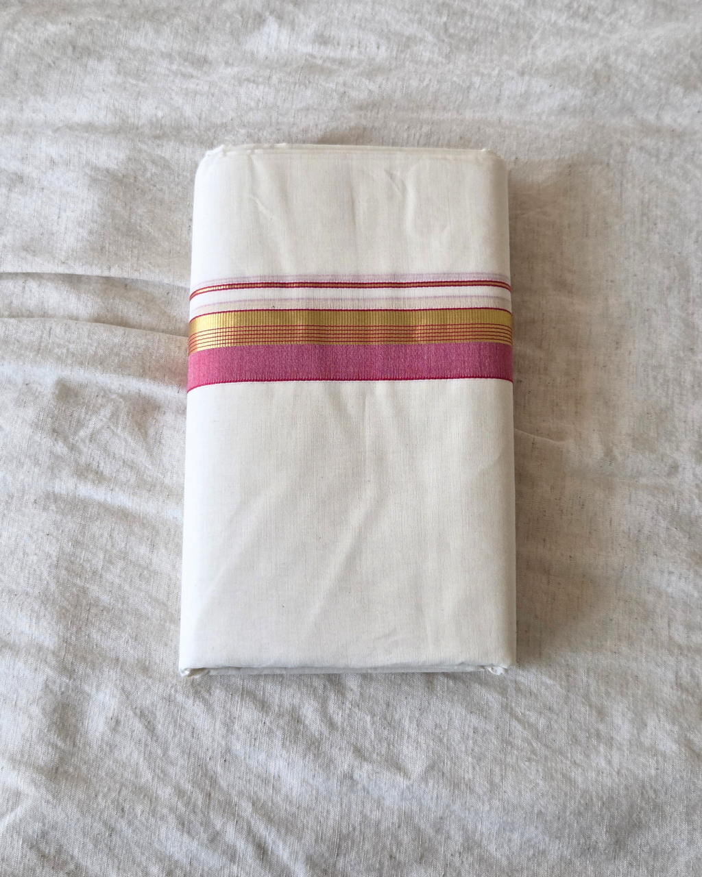 Rose Kasavu Kaithari Double Mundu — Handwoven Kerala