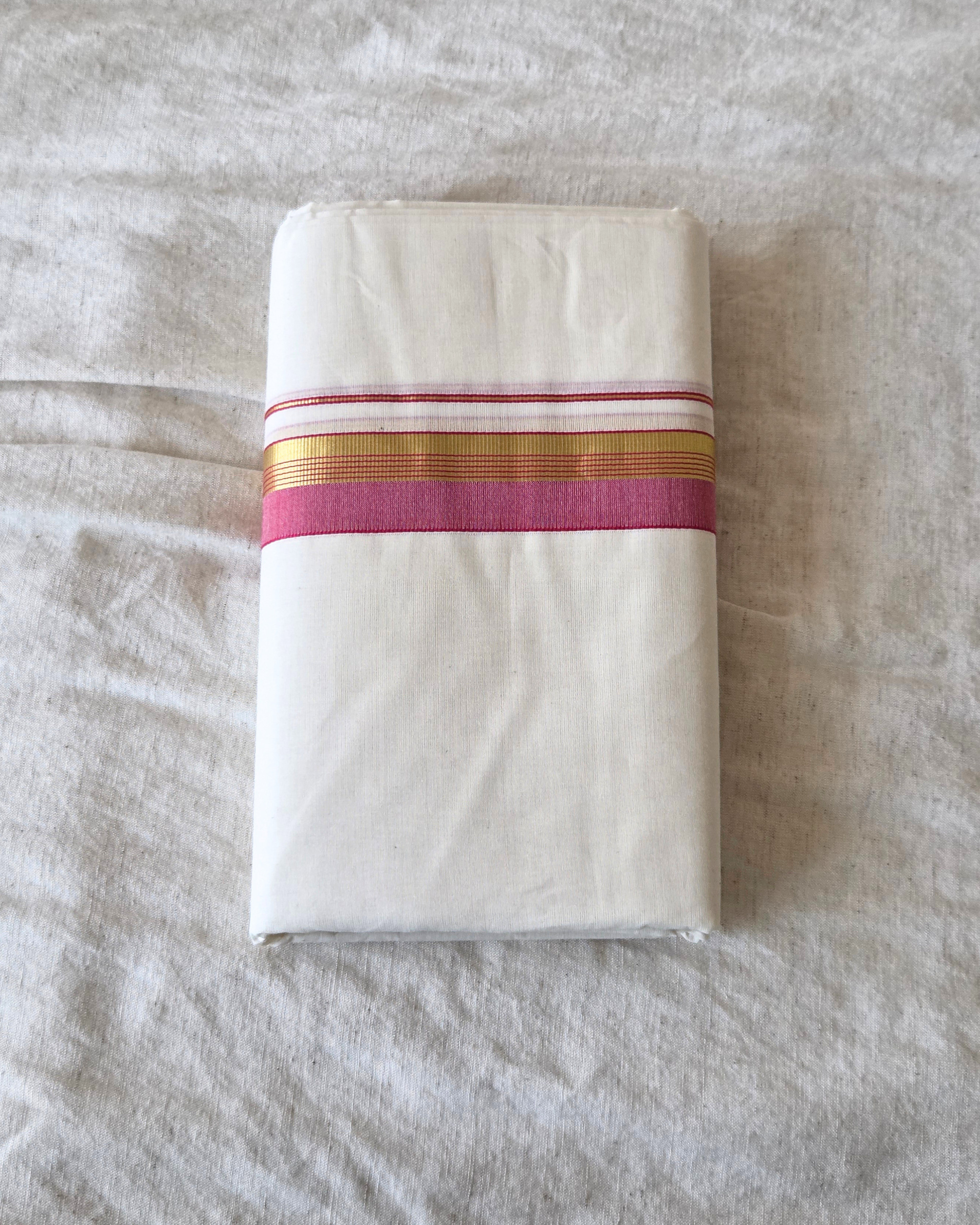 Rose Kasavu Kaithari Double Mundu — Handwoven Kerala