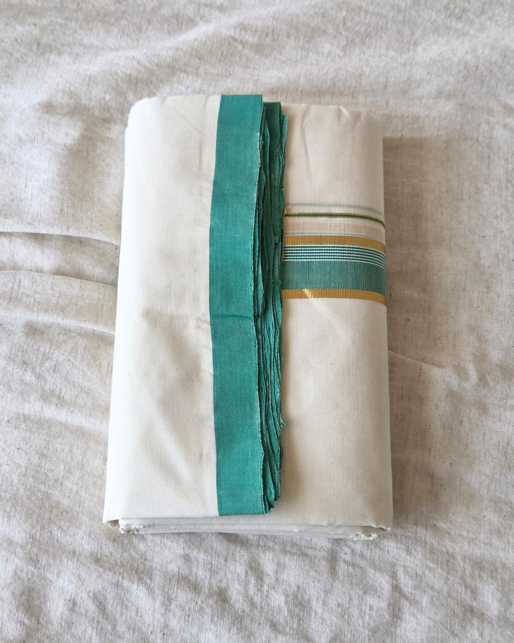 Teal Kasavu Kaithari Double Mundu — Handwoven Kerala