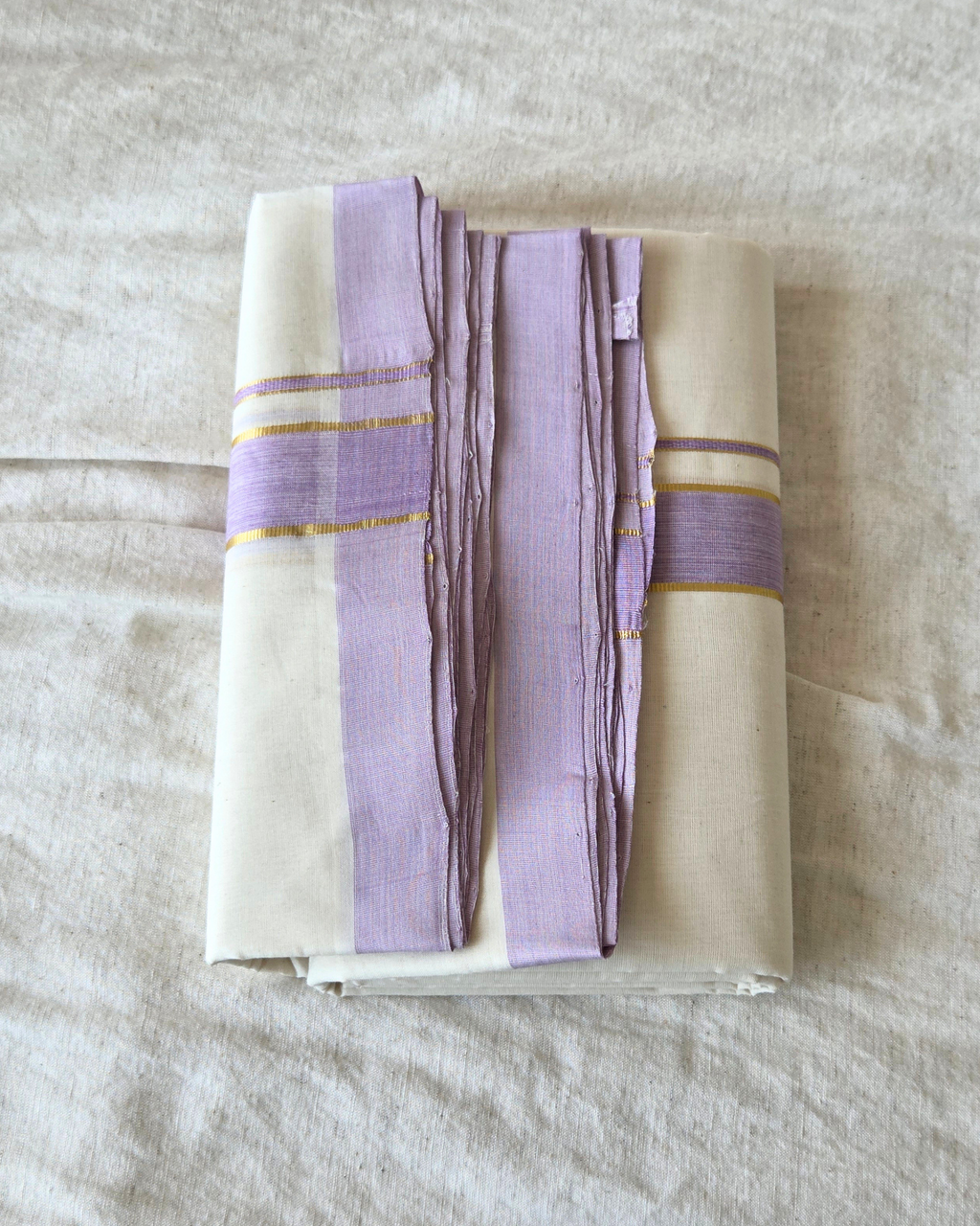 Lavender Kasavu Kaithari Double Mundu — Handwoven Kerala