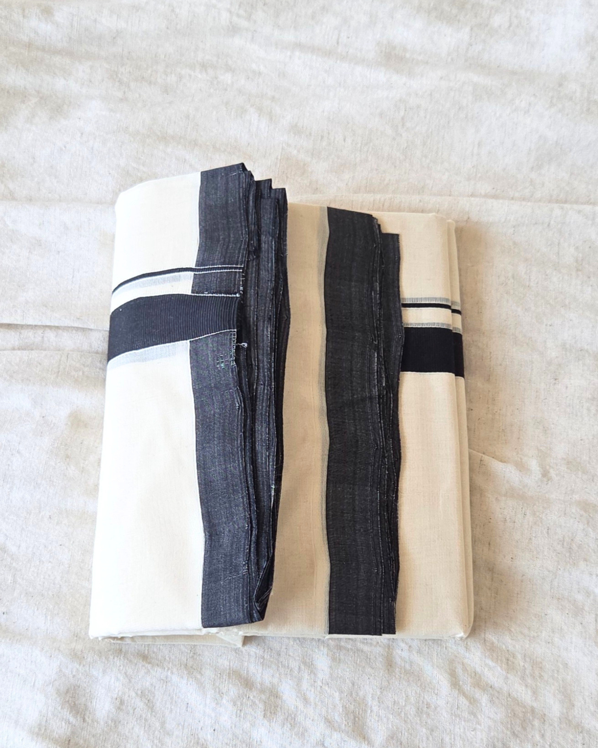 Close-up black stripe border detail — thick and thin kara, Kaithari double mundu handwoven Kerala Canada — Atelier Soza