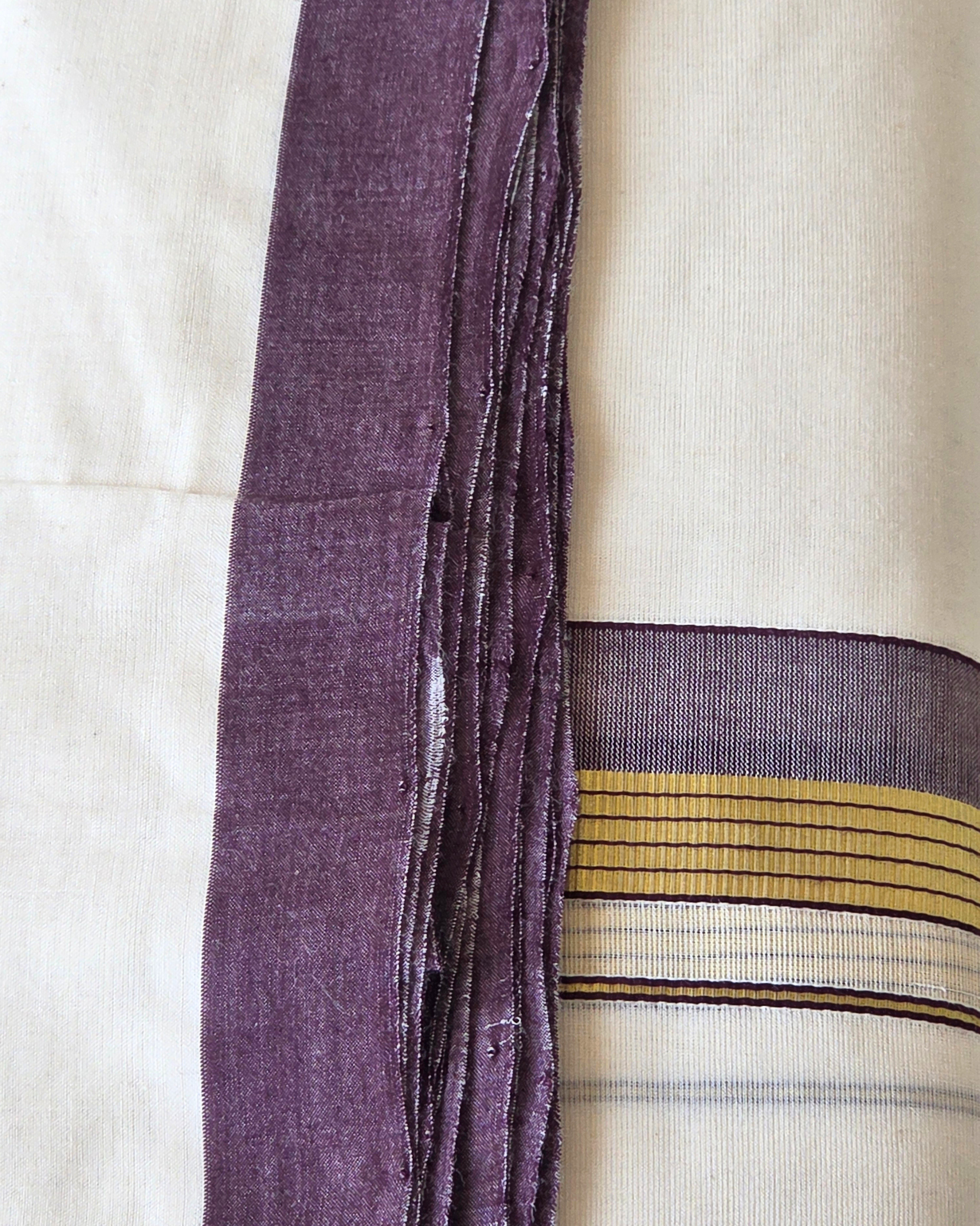 Mauve kasavu double mundu folded — border corner detail, Balaramapuram handloom Kerala Canada — Atelier Soza