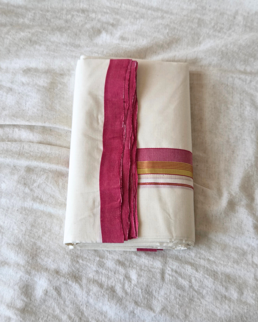 Rose Kasavu Kaithari Double Mundu — Handwoven Kerala