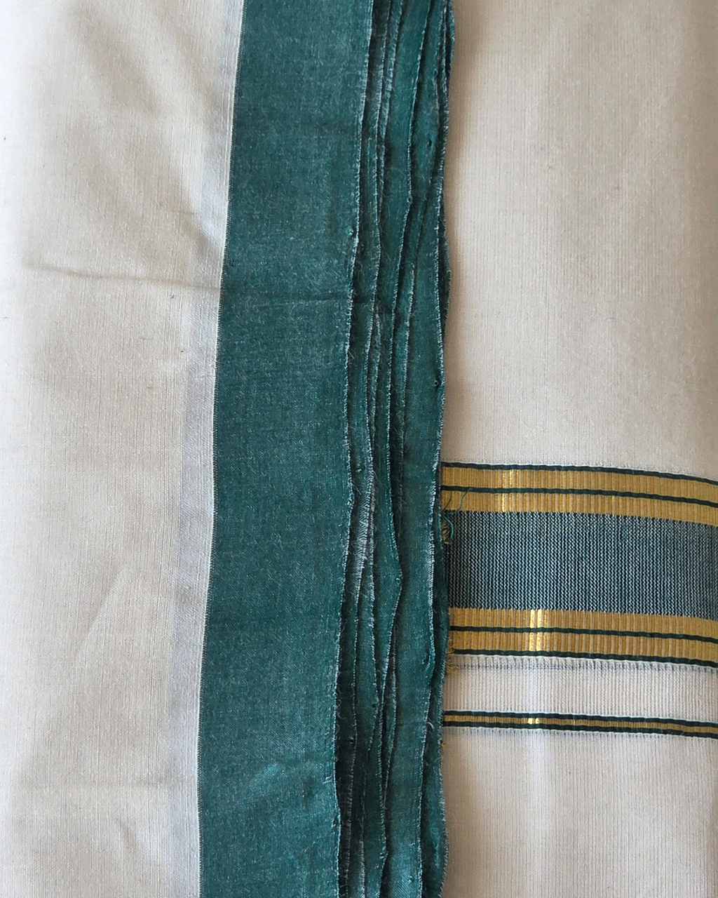 Emerald Kasavu Kaithari Double Mundu — Handwoven Kerala