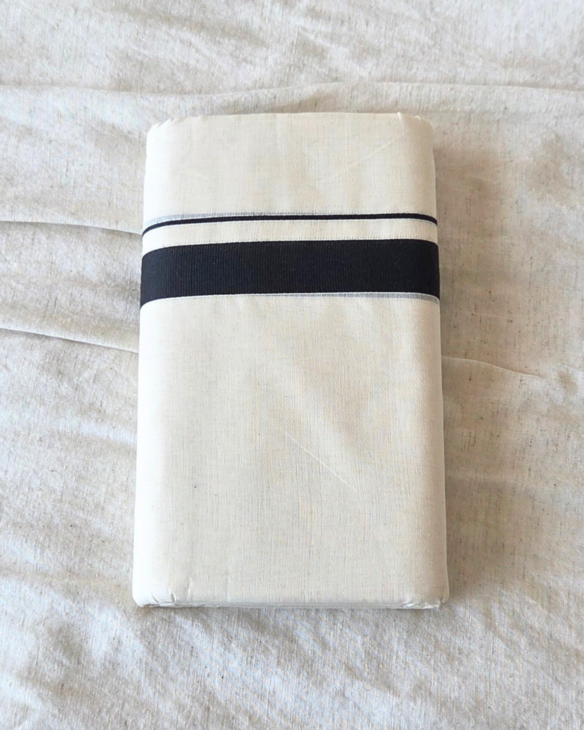 Black Stripe Kaithari Double Mundu — Handwoven Kerala