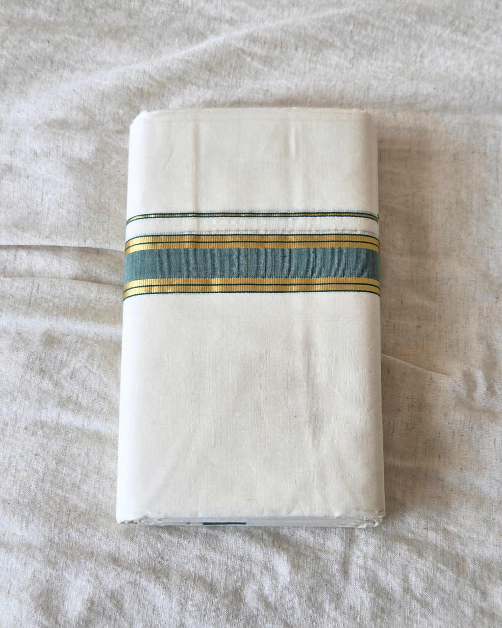 Emerald Kasavu Kaithari Double Mundu — Handwoven Kerala
