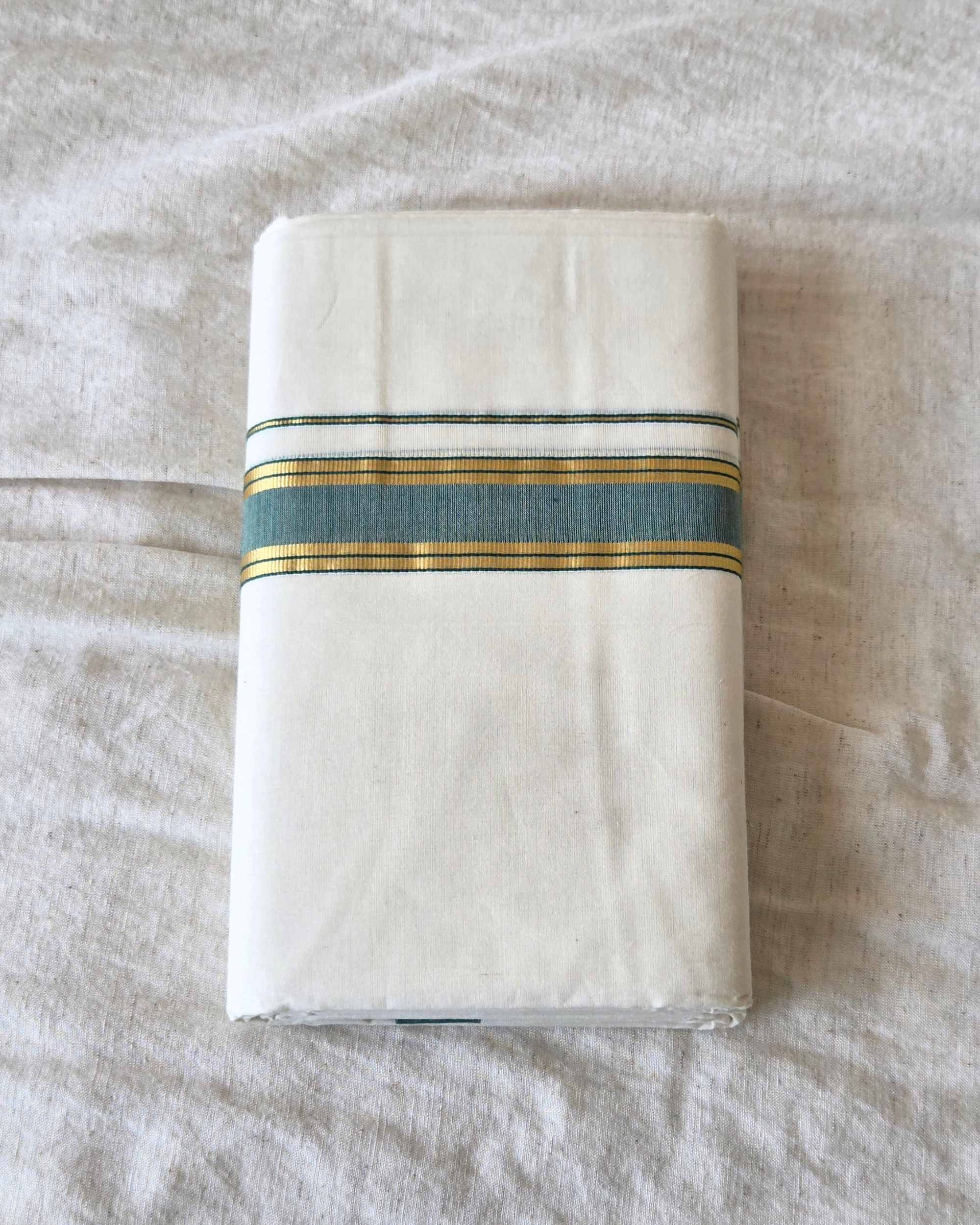 Emerald Kasavu Kaithari Double Mundu — Handwoven Kerala